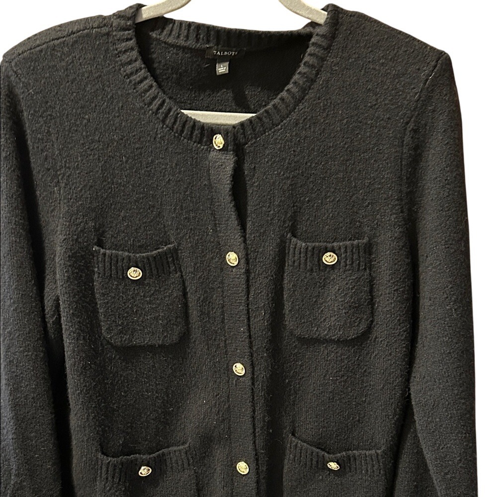 Talbots Black Knit Round-Neck Button Cardigan with Pocket Details